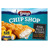 A 300g box of Young's Chip Shop Fish Fillet & Chips, with crispy battered fish and golden chips, classic comfort food highlighted by branding, nutrition details, and a coastal-themed background.
